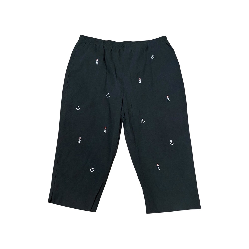 Nikki Womens 22W Black Sailor Anchor Embroidered Crop Elastic Waist‎ Pants